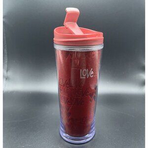 2010 Starbucks Travel Tumbler Metallic LOVE Hearts Red Mug Insulated 8oz - EUC